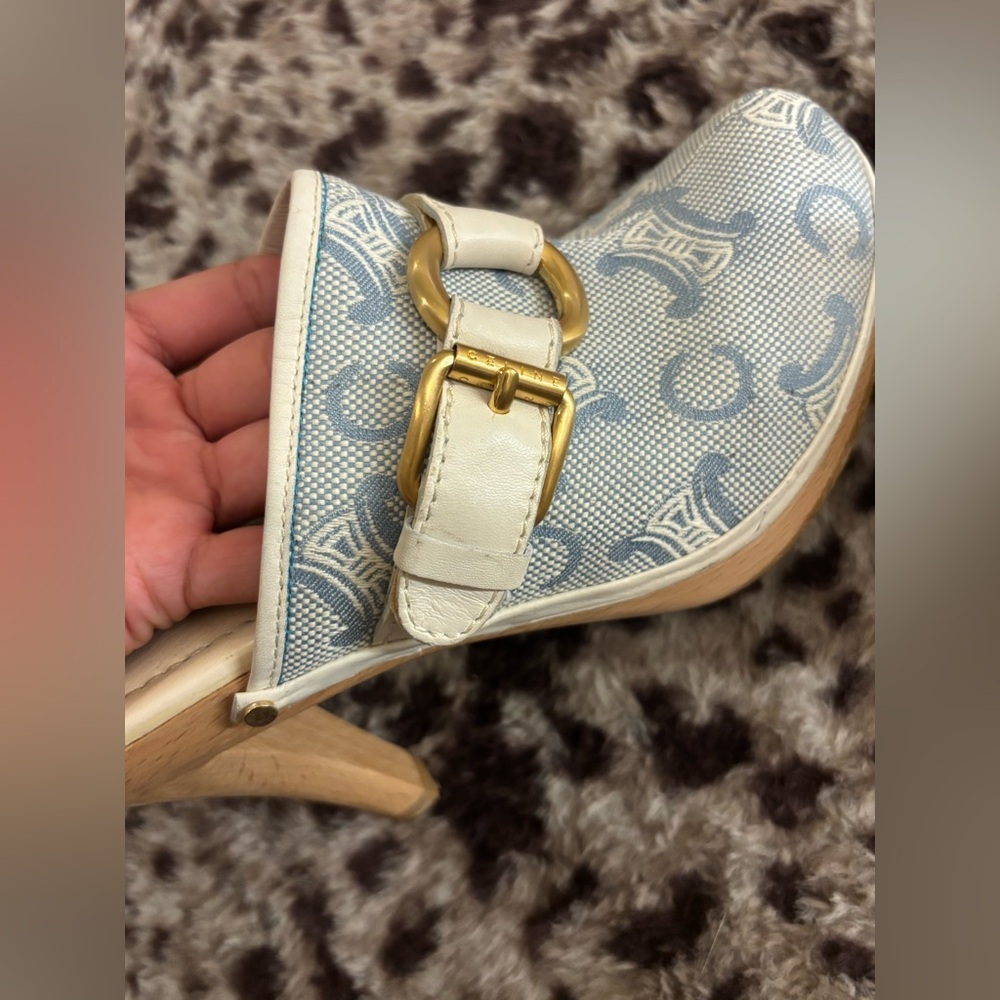 Women’s Blue and White Slip-On Wedge Mule with Gold Accents - Picture 3 of 7